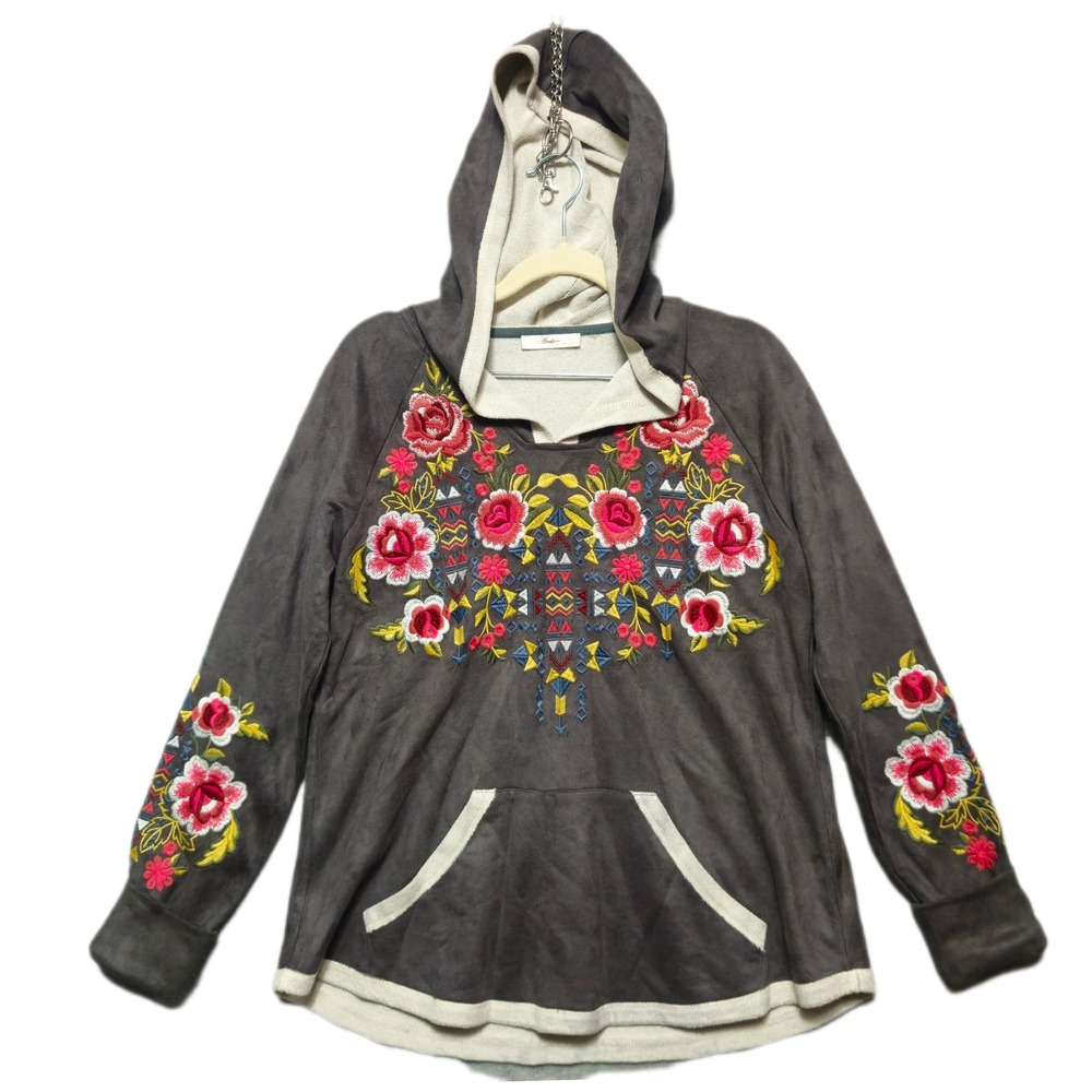 Andree by UNIT Womens Gray Faux Suede Floral‎ Aztec Embroidered Hoodie NEW